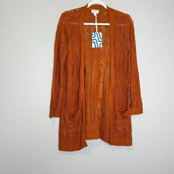 Market & Spruce Cecily Pointelle Open Knit Duster Cardigan Orange NWT Medium - Picture 2 of 10